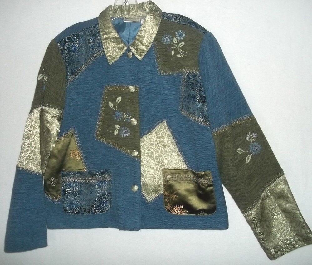 Napa Valley Elegant Patchwork Chenille Jacket Blue Moss Beaded Embroidery Sz XL
